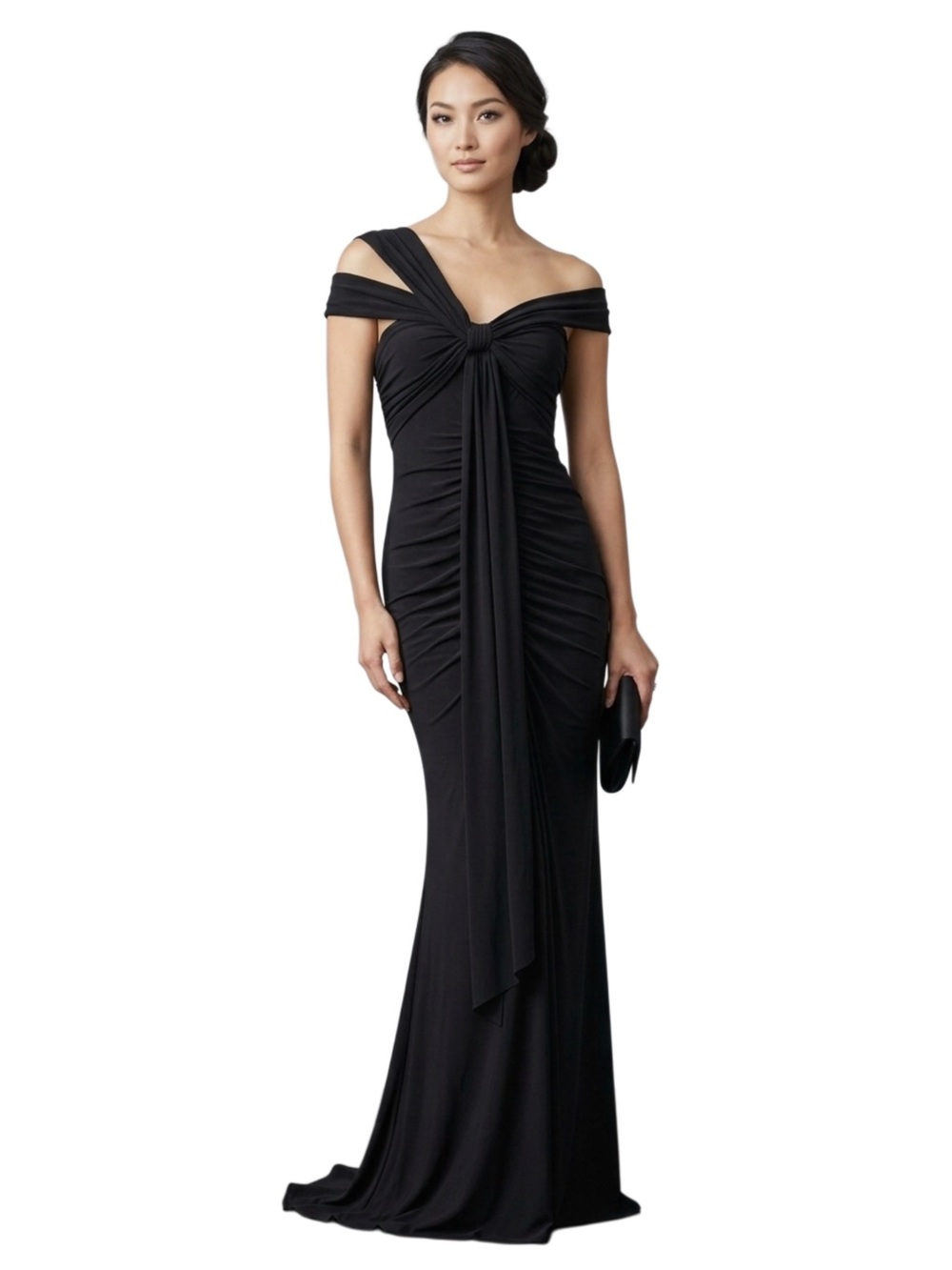 Badgley Mischka Collection Black Off-The-Shoulder Ruched Maxi Gown- Size 12